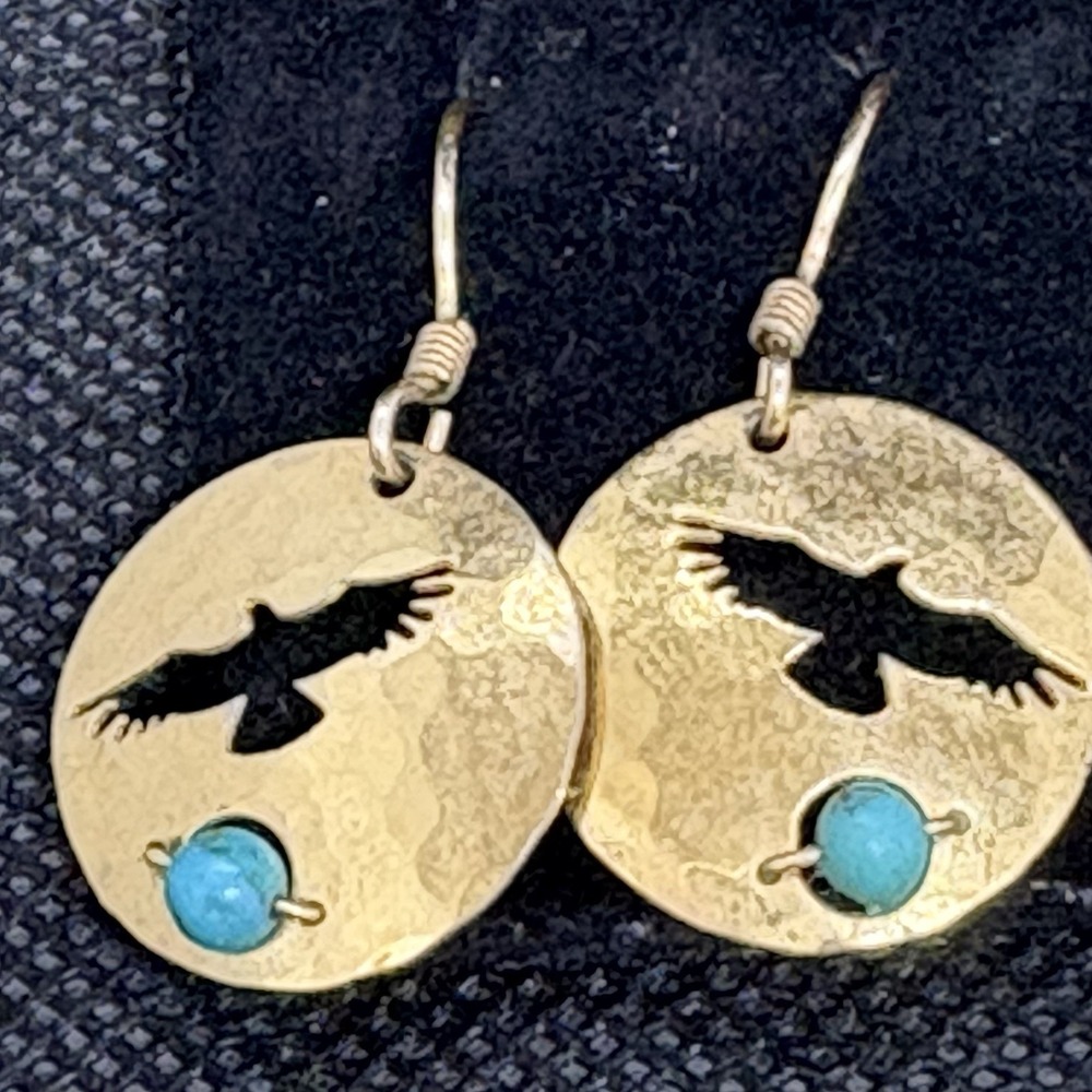 Wild Bryde Bird Turquoise Earrings Dangle Gold Tone Hawk Etched - Picture 2 of 6
